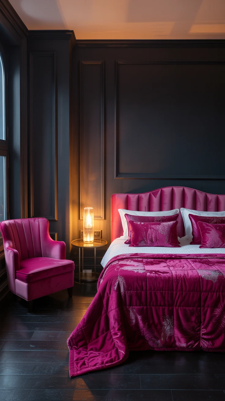 pink and grey bedroom with cozy textures