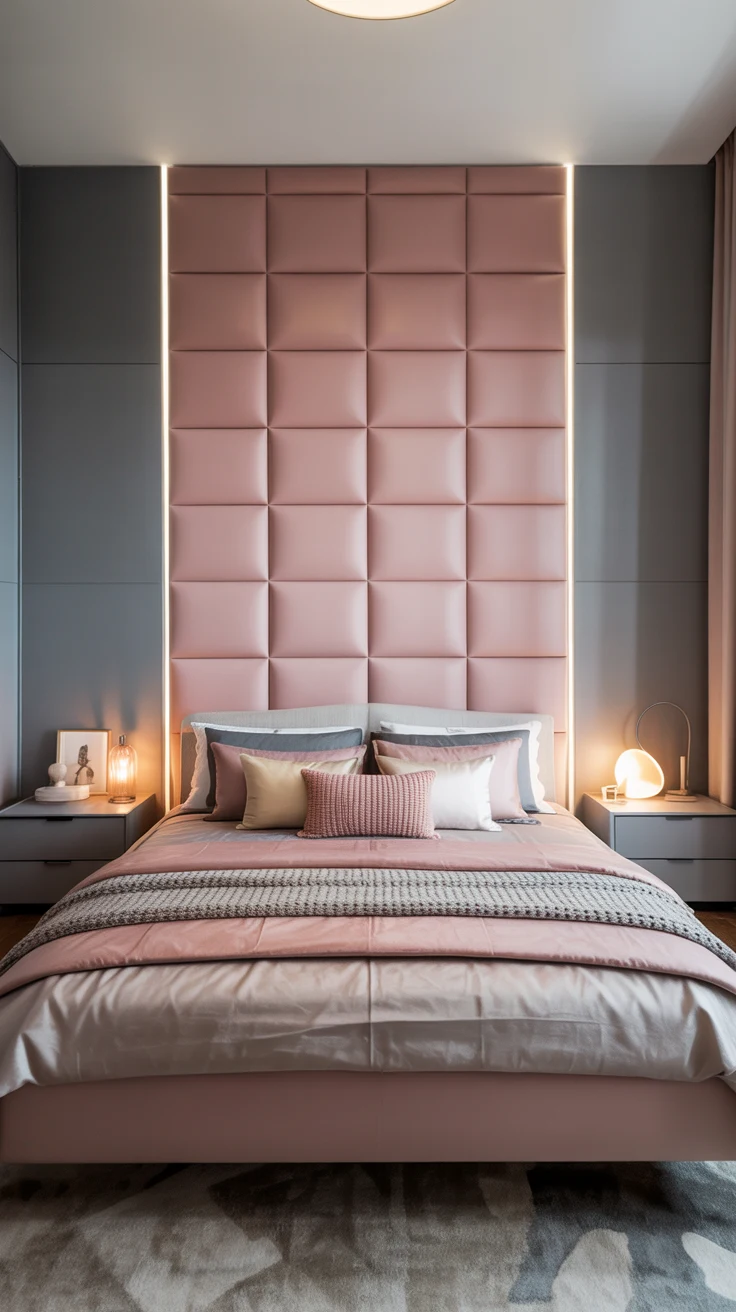 pink and grey bedroom with cozy textures