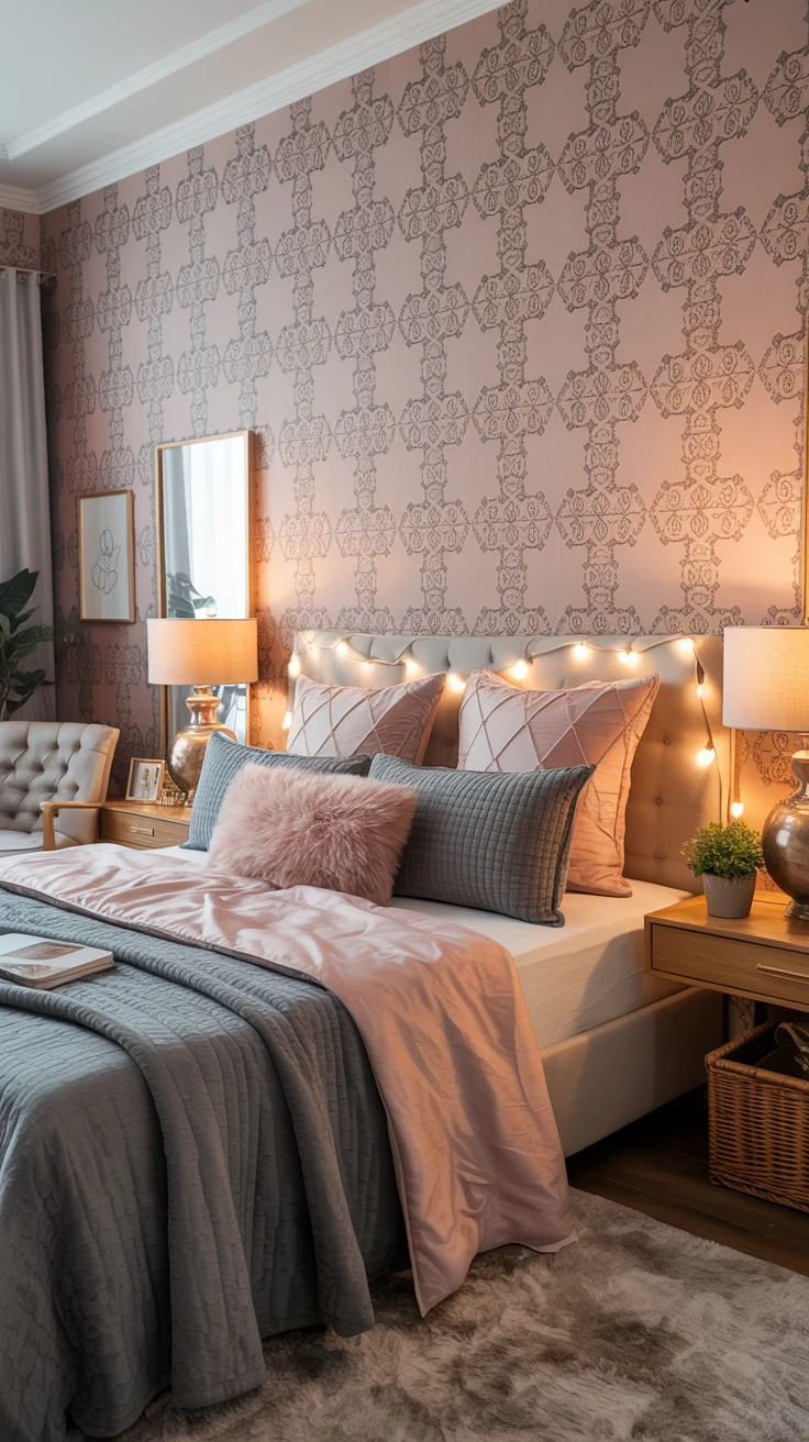 pink and grey bedroom with cozy textures