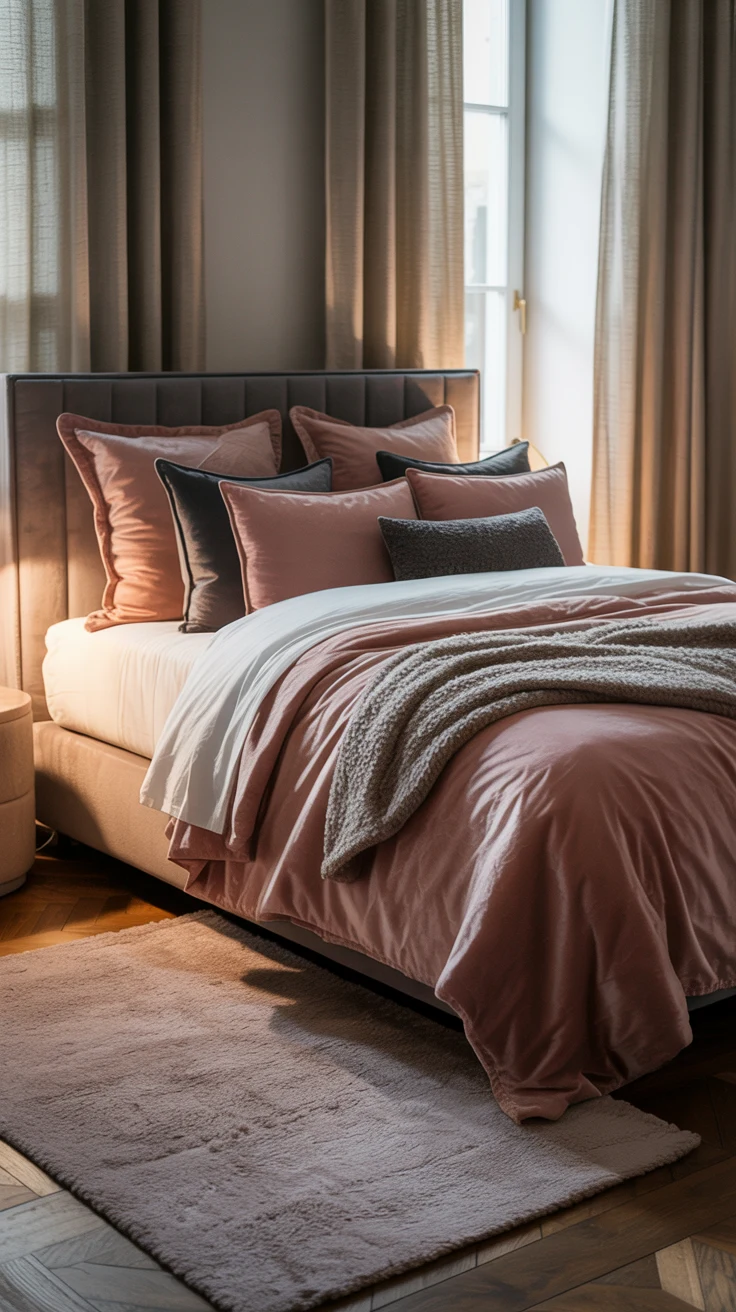 pink and grey bedroom with cozy textures