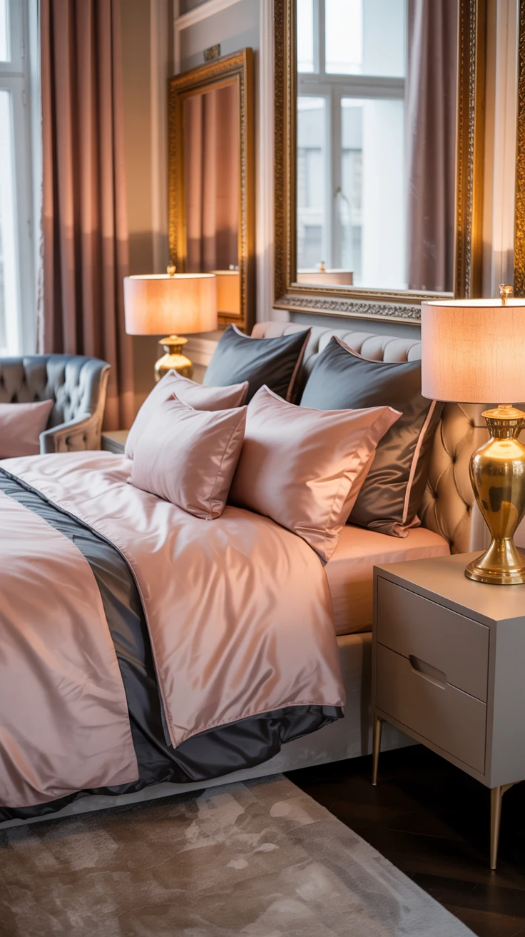 pink and grey bedroom with cozy textures