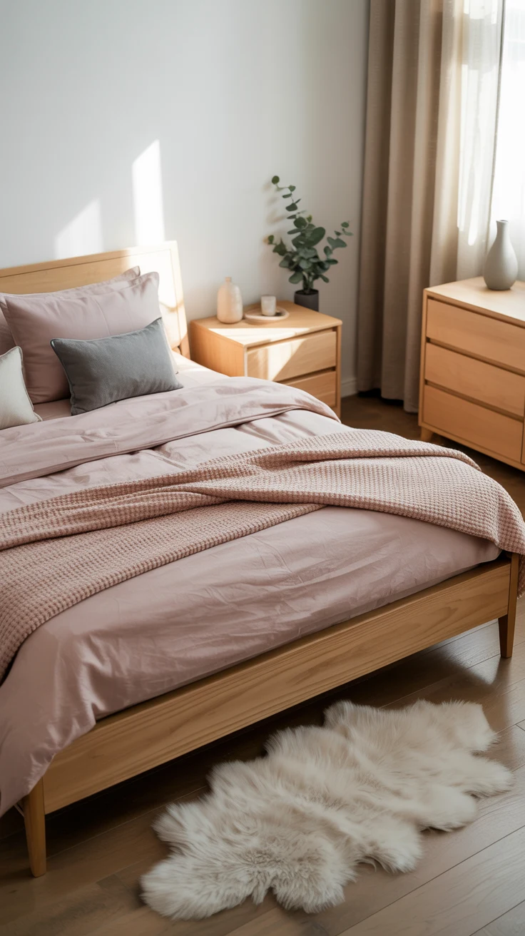 pink and grey bedroom with cozy textures
