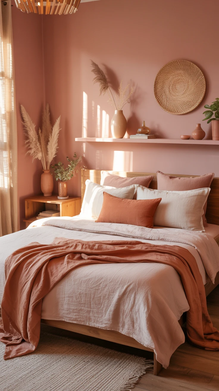 pink and orange bedroom with warm layered decor