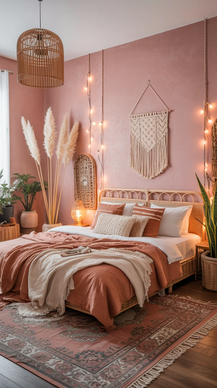 pink and orange bedroom with warm layered decor