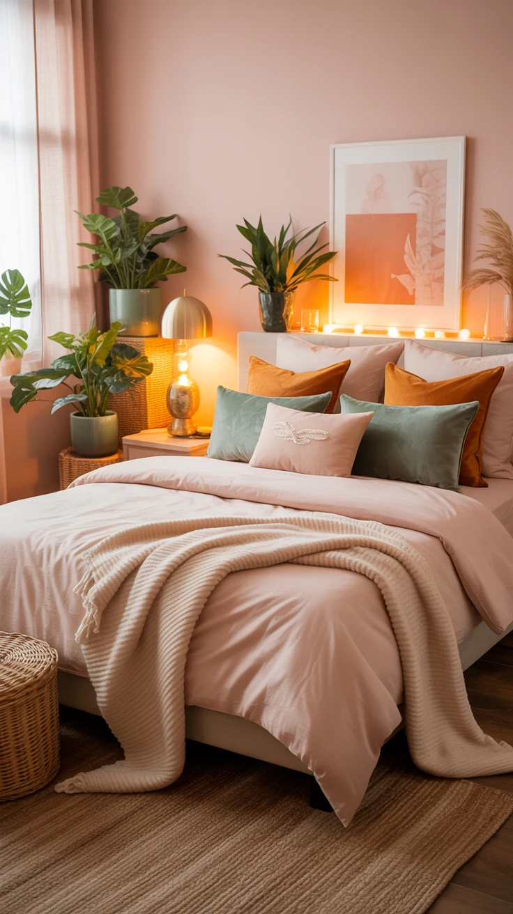 pink and orange bedroom with warm layered decor