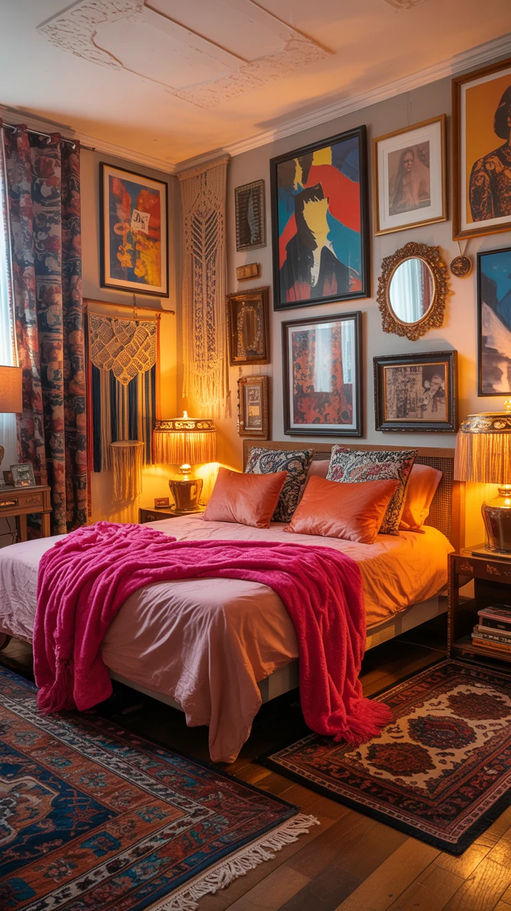 pink and orange bedroom with warm layered decor
