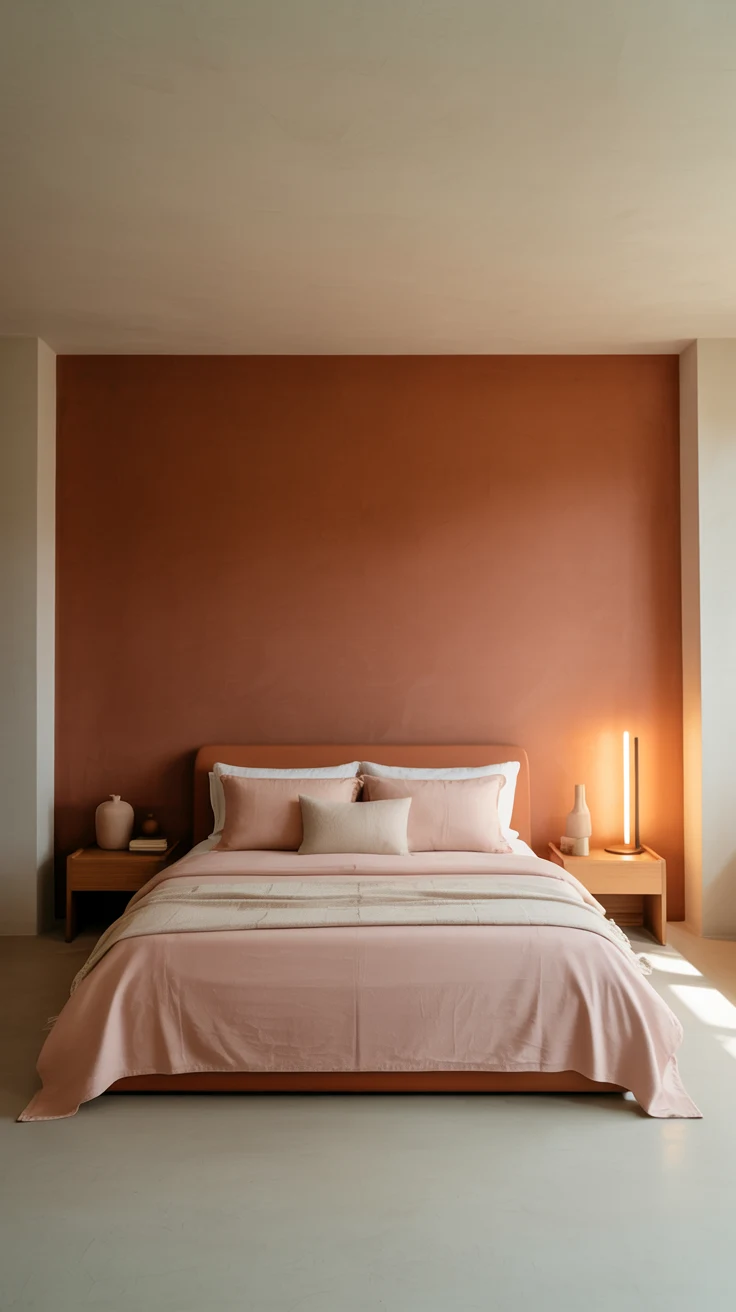 pink and orange bedroom with warm layered decor