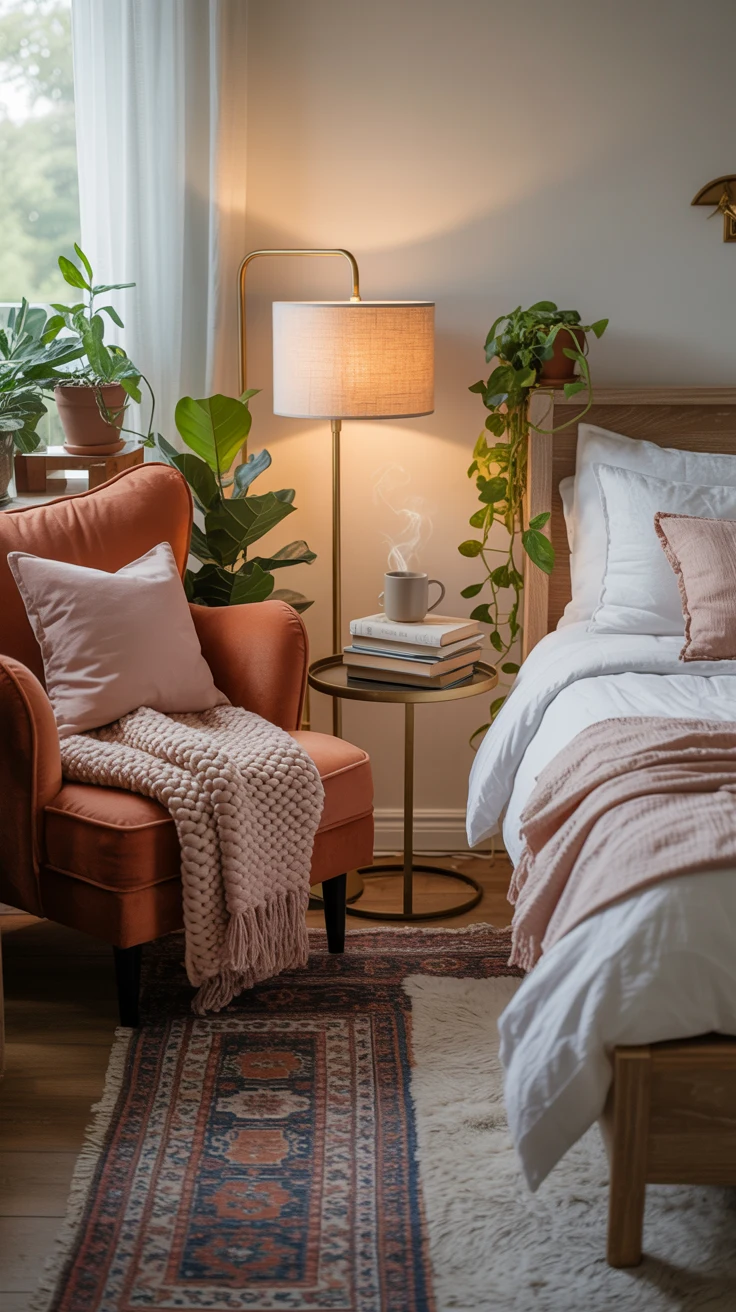 pink and orange bedroom with warm layered decor