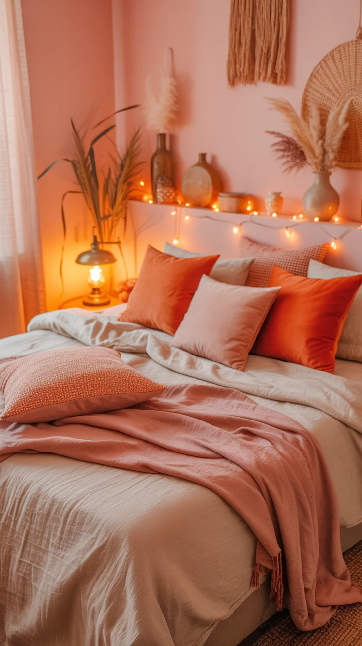 pink and orange bedroom with warm layered decor