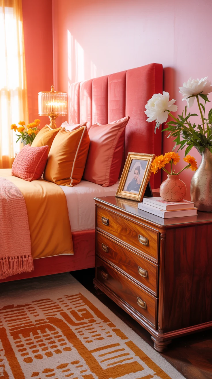 pink and orange bedroom with warm layered decor