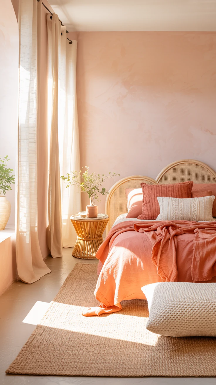 pink and orange bedroom with warm layered decor