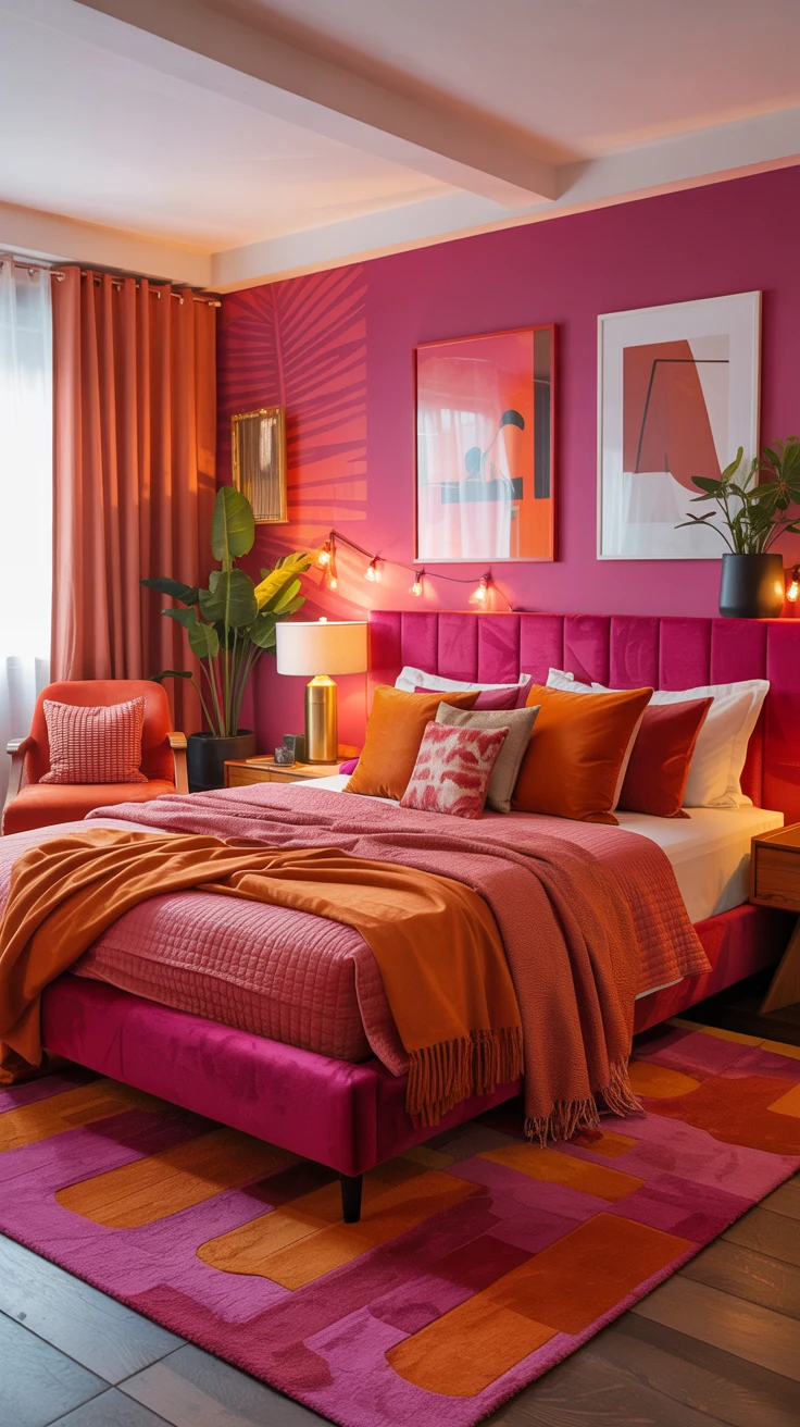 pink and orange bedroom with warm layered decor
