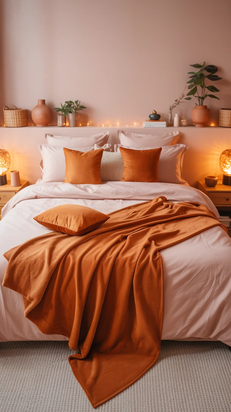 pink and orange bedroom with warm layered decor