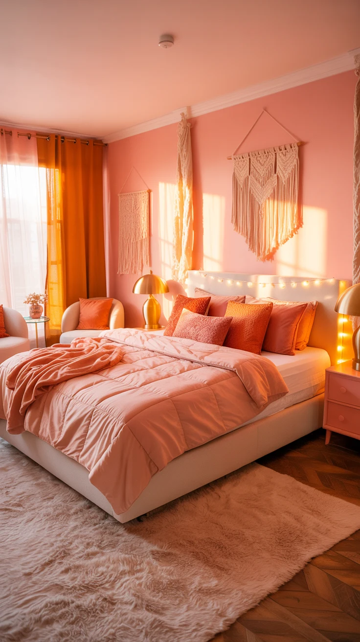 pink and orange bedroom with warm layered decor
