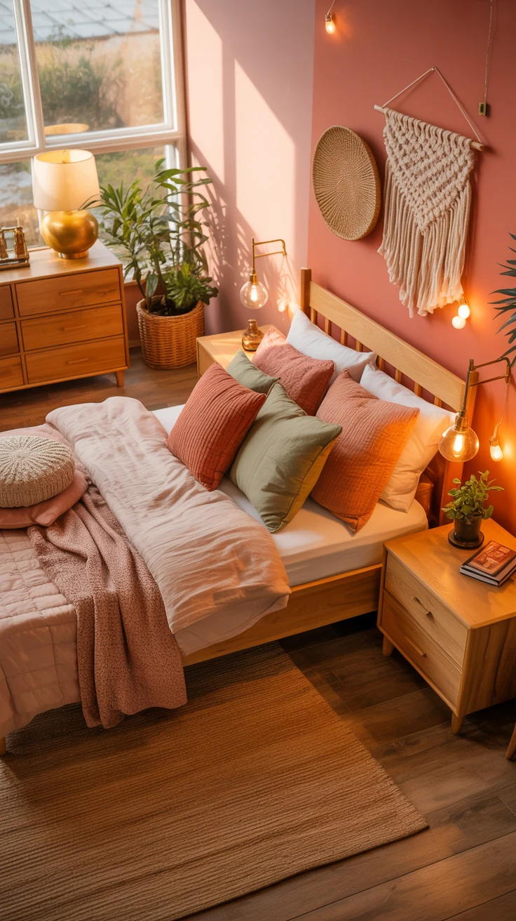 pink and orange bedroom with warm layered decor