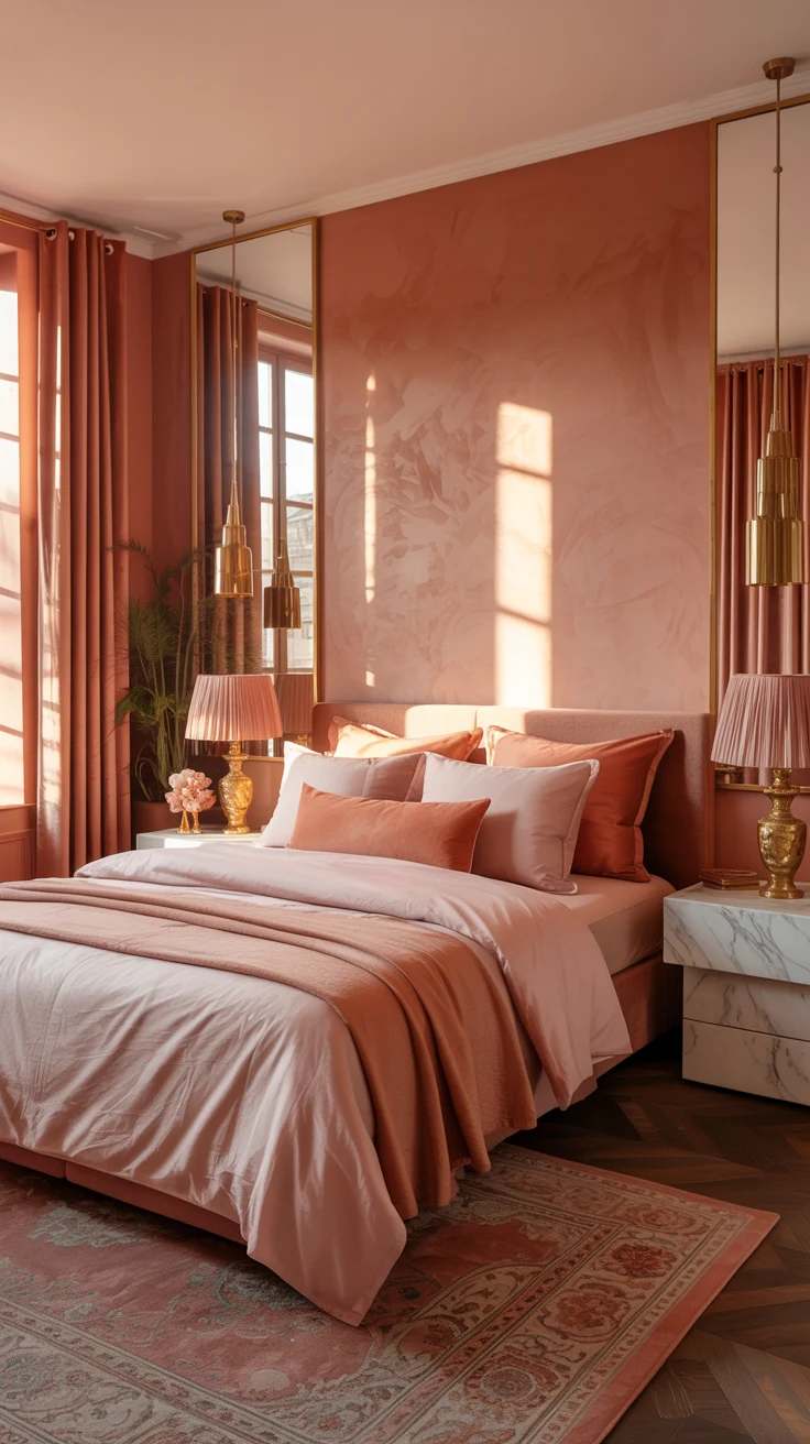 pink and orange bedroom with warm layered decor