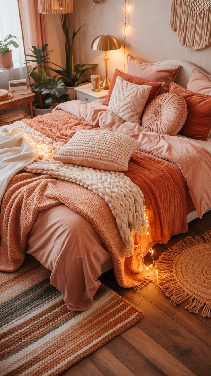 pink and orange bedroom with warm layered decor