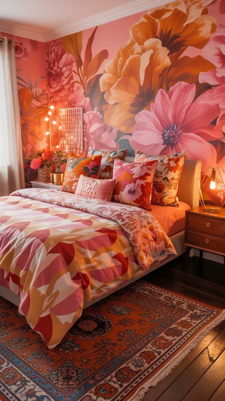 pink and orange bedroom with warm layered decor