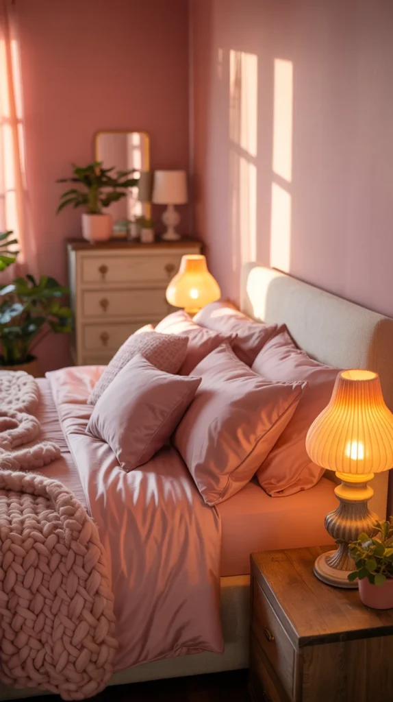 pink aesthetic bedroom with cozy decor