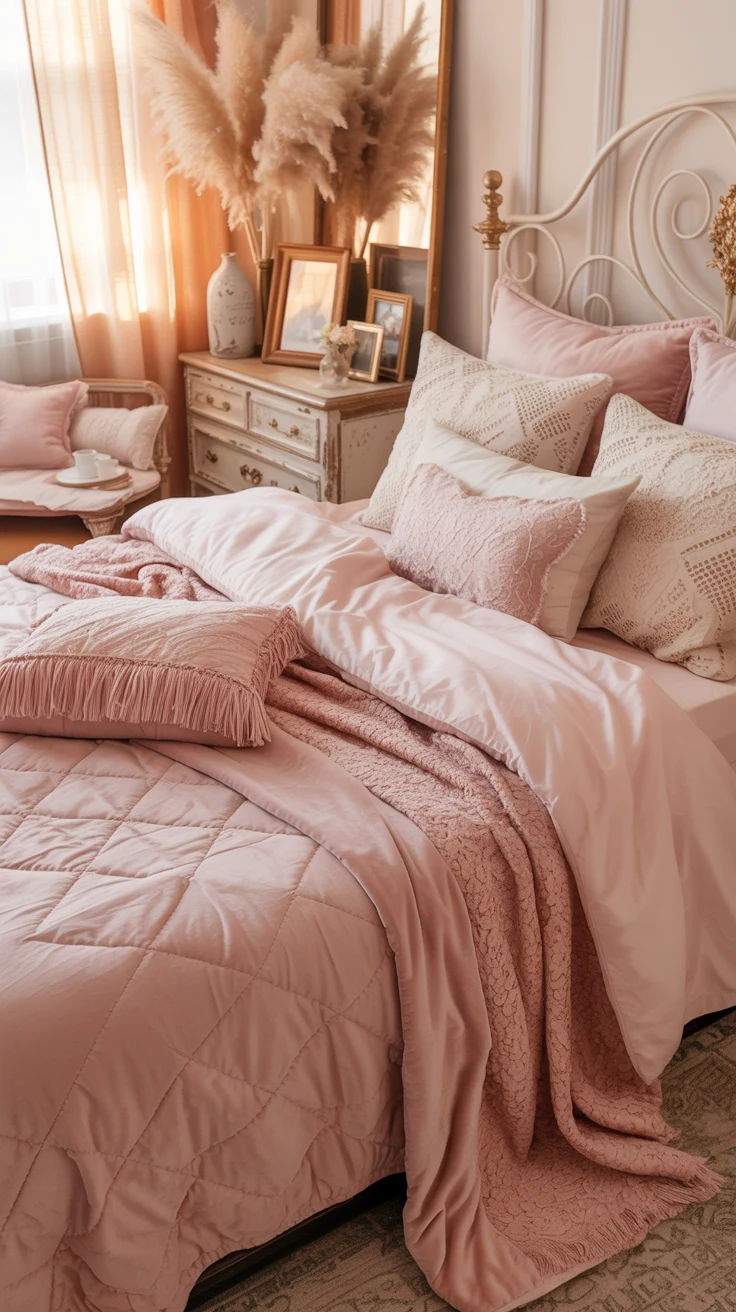pink aesthetic bedroom with cozy decor