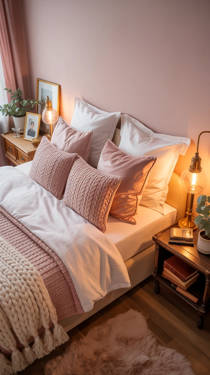 pink aesthetic bedroom with cozy decor