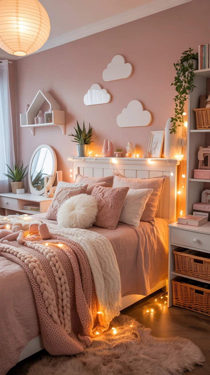 pink girls bedroom with playful decor 