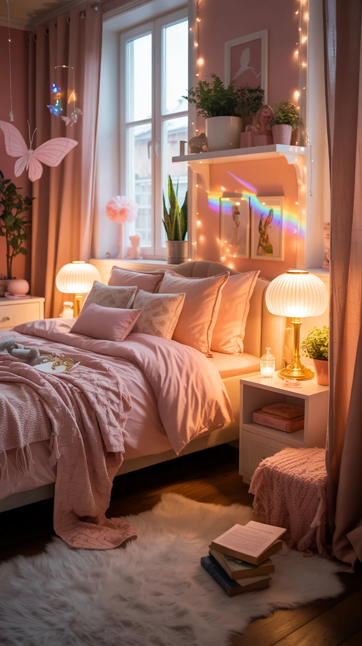 pink girls bedroom with playful decor 