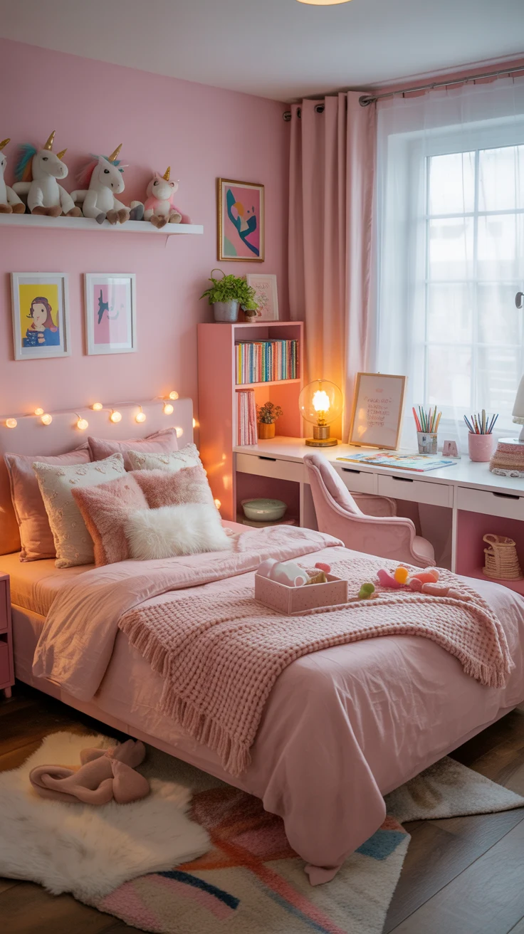 pink girls bedroom with playful decor 