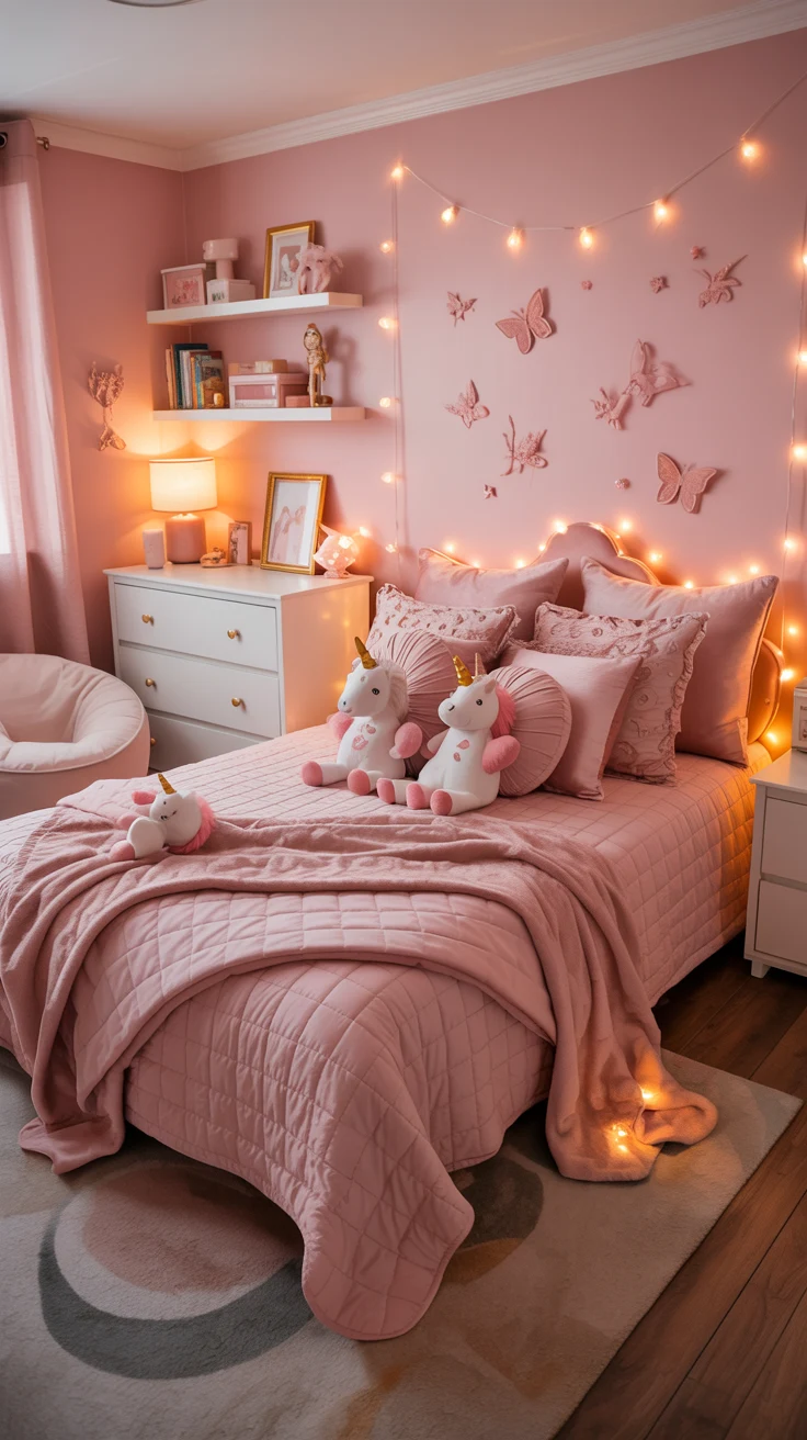 pink girls bedroom with playful decor 