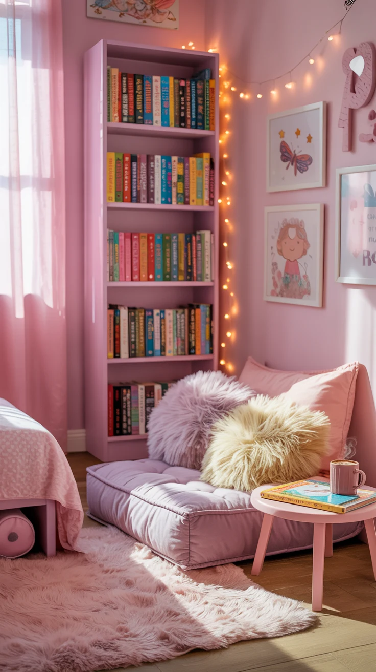 pink girls bedroom with playful decor 
