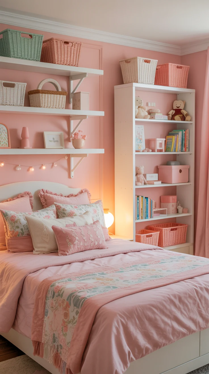 pink girls bedroom with playful decor 