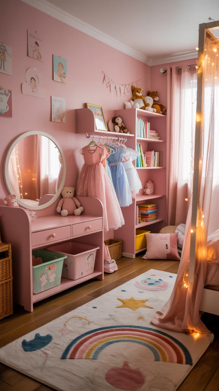 pink girls bedroom with playful decor 