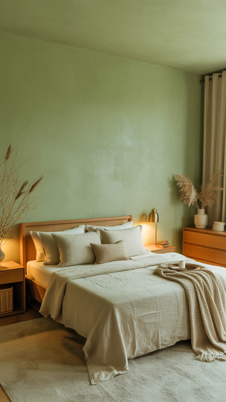 cozy sage green bedroom with warm natural styling