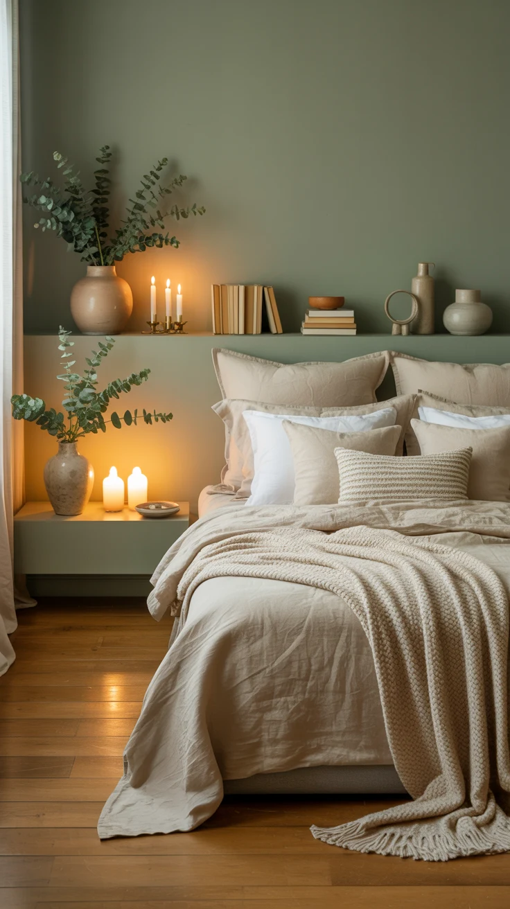 cozy sage green bedroom with warm natural styling 