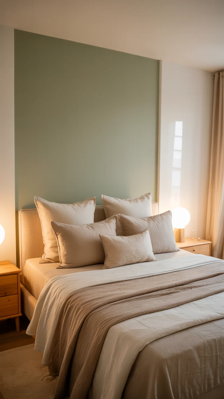 cozy sage green bedroom with warm natural styling 