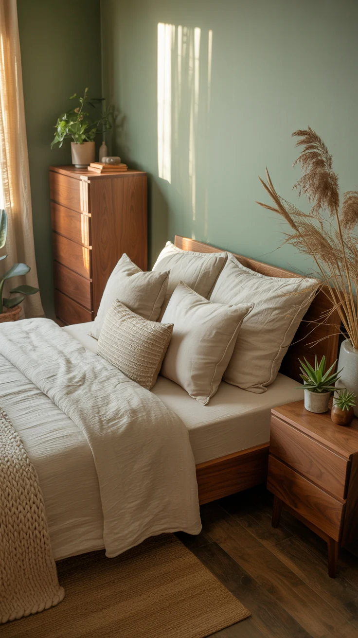 cozy sage green bedroom with warm natural styling 