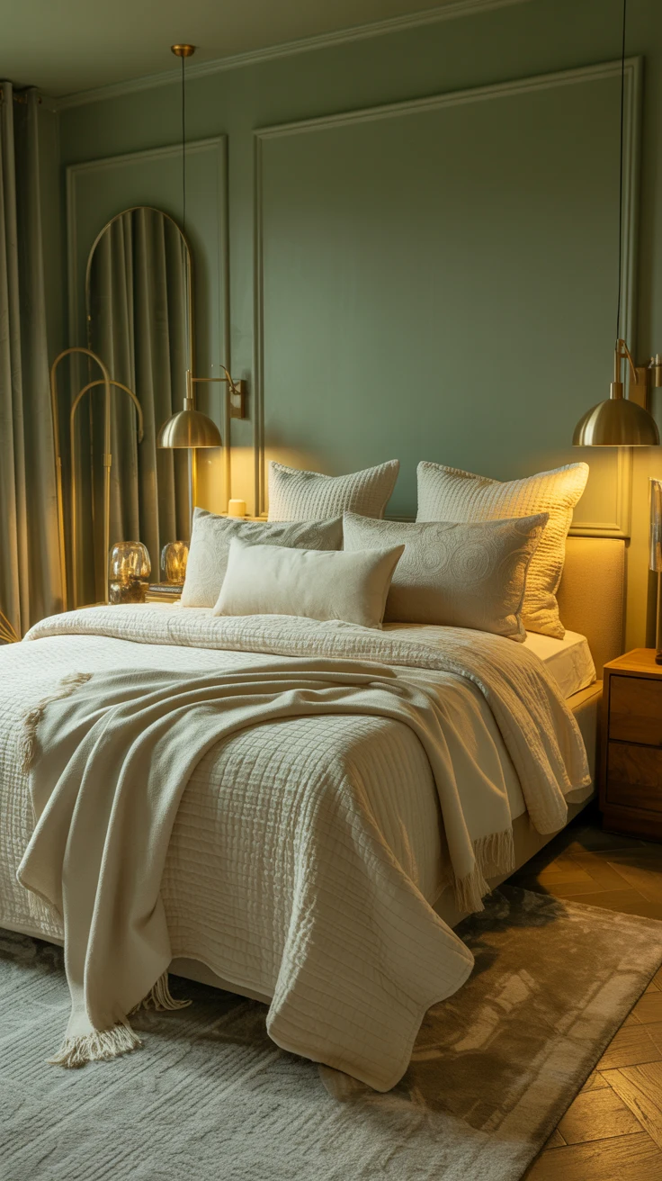 cozy sage green bedroom with warm natural styling 