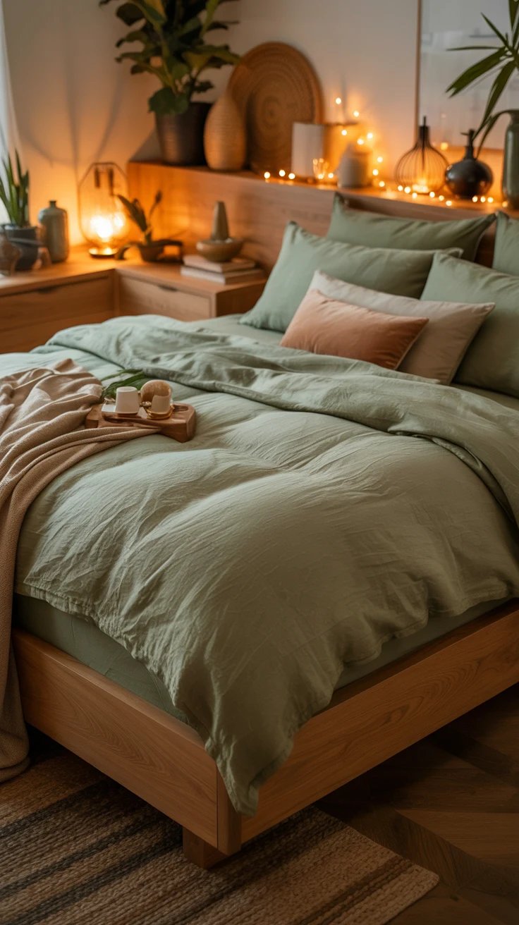 cozy sage green bedroom with warm natural styling 