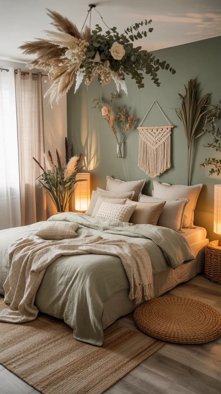 cozy sage green bedroom with warm natural styling 