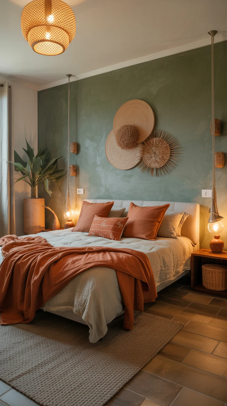cozy sage green bedroom with warm natural styling 