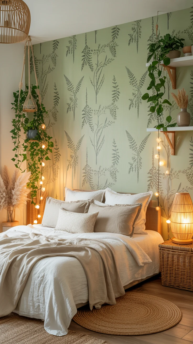 cozy sage green bedroom with warm natural styling 