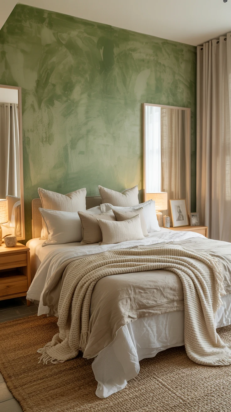 cozy sage green bedroom with warm natural styling 