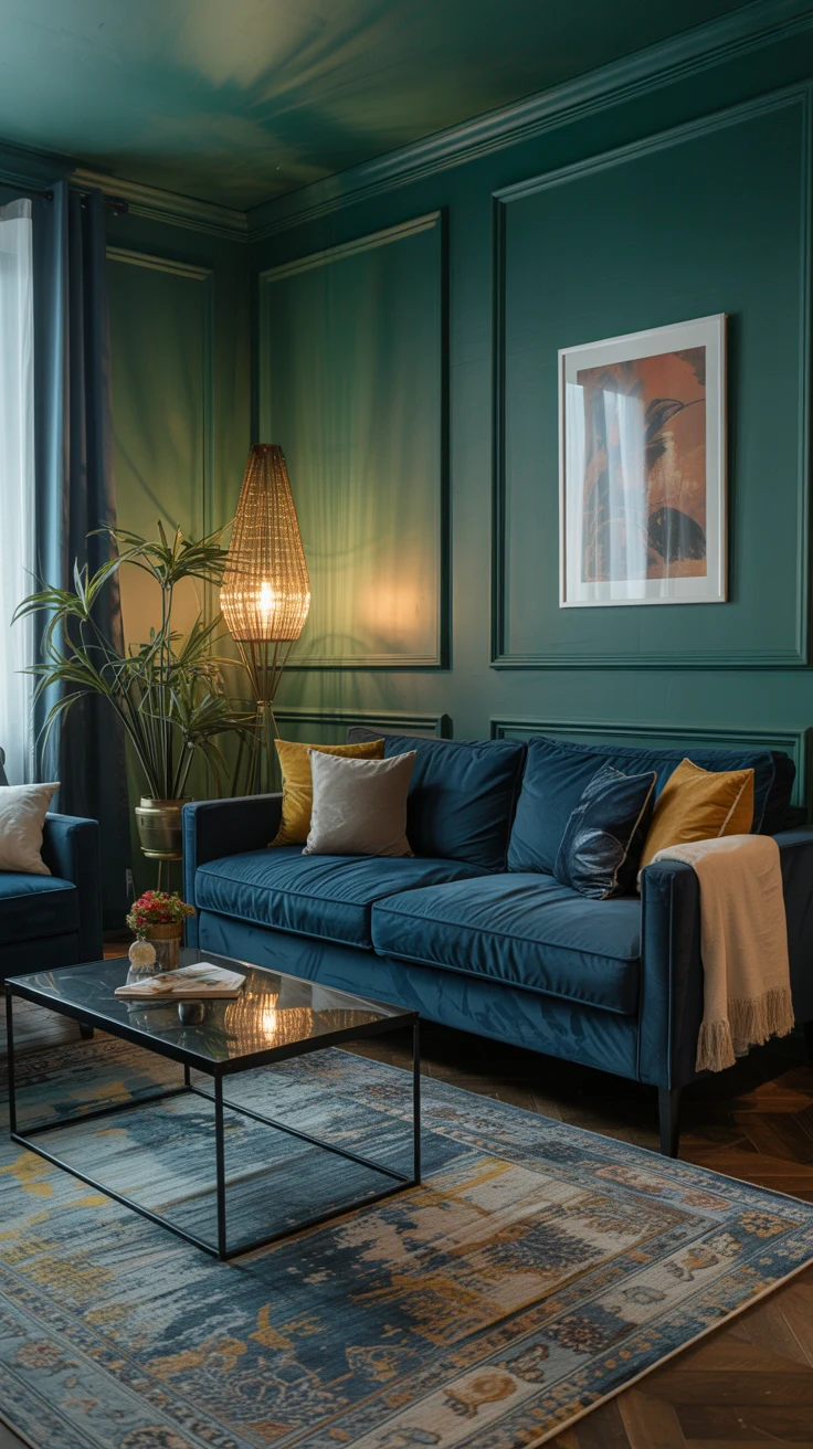 sage green living room with cozy decor and modern styling