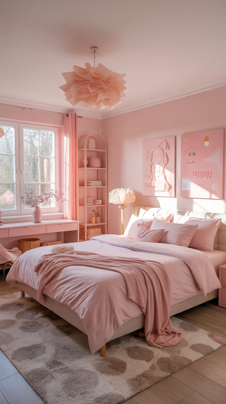 soft pink bedroom with cozy decor and dreamy lighting