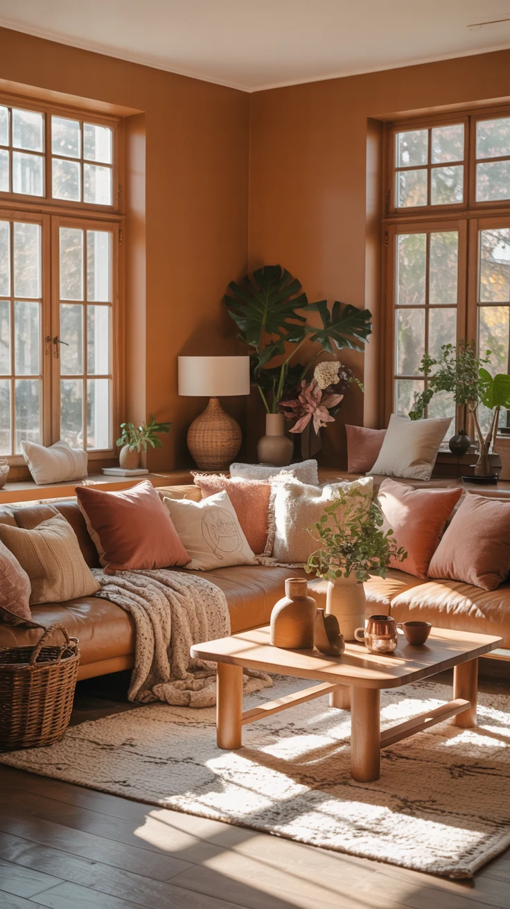sunlit warm living room with inviting cozy details 