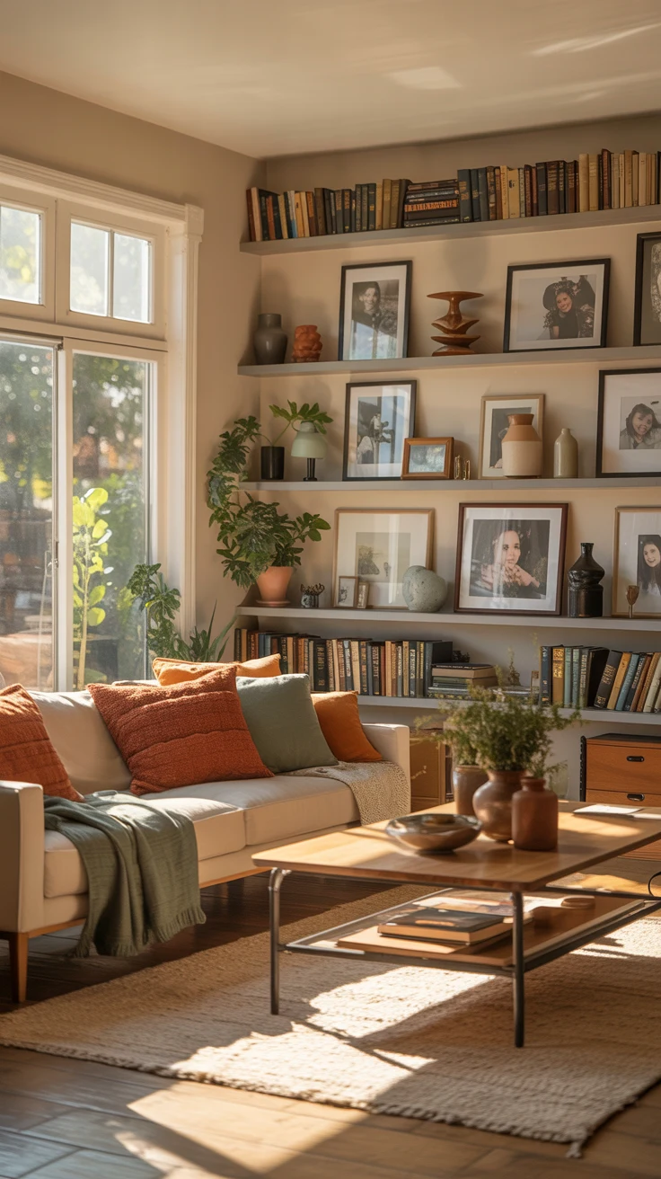 sunlit warm living room with inviting cozy details 
