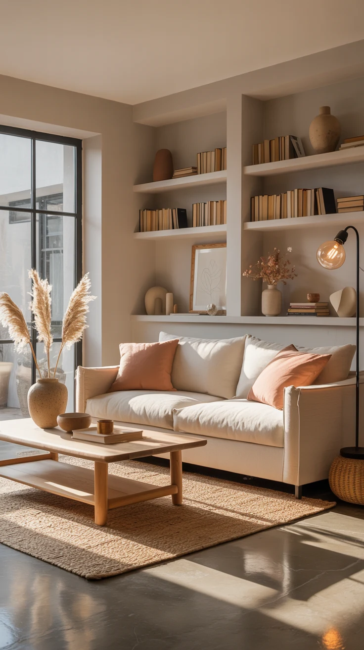 sunlit warm living room with inviting cozy details 