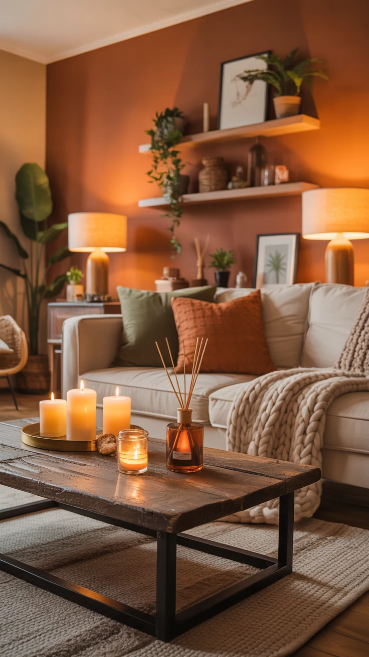 sunlit warm living room with inviting cozy details 