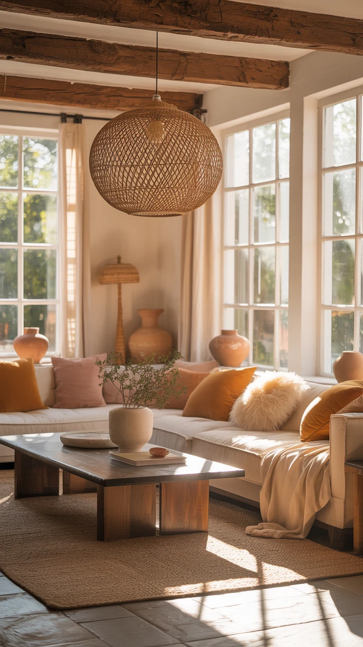 sunlit warm living room with inviting cozy details 
