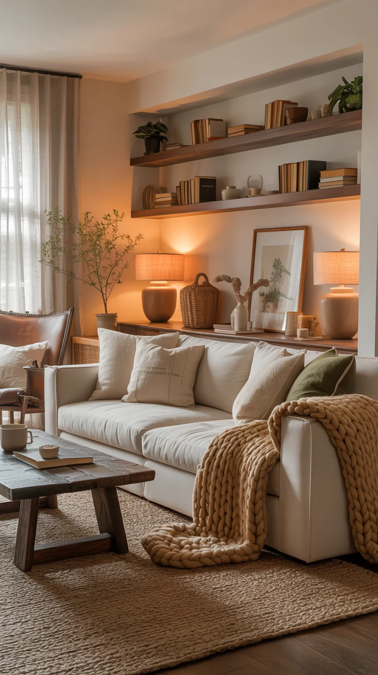 sunlit warm living room with inviting cozy details 